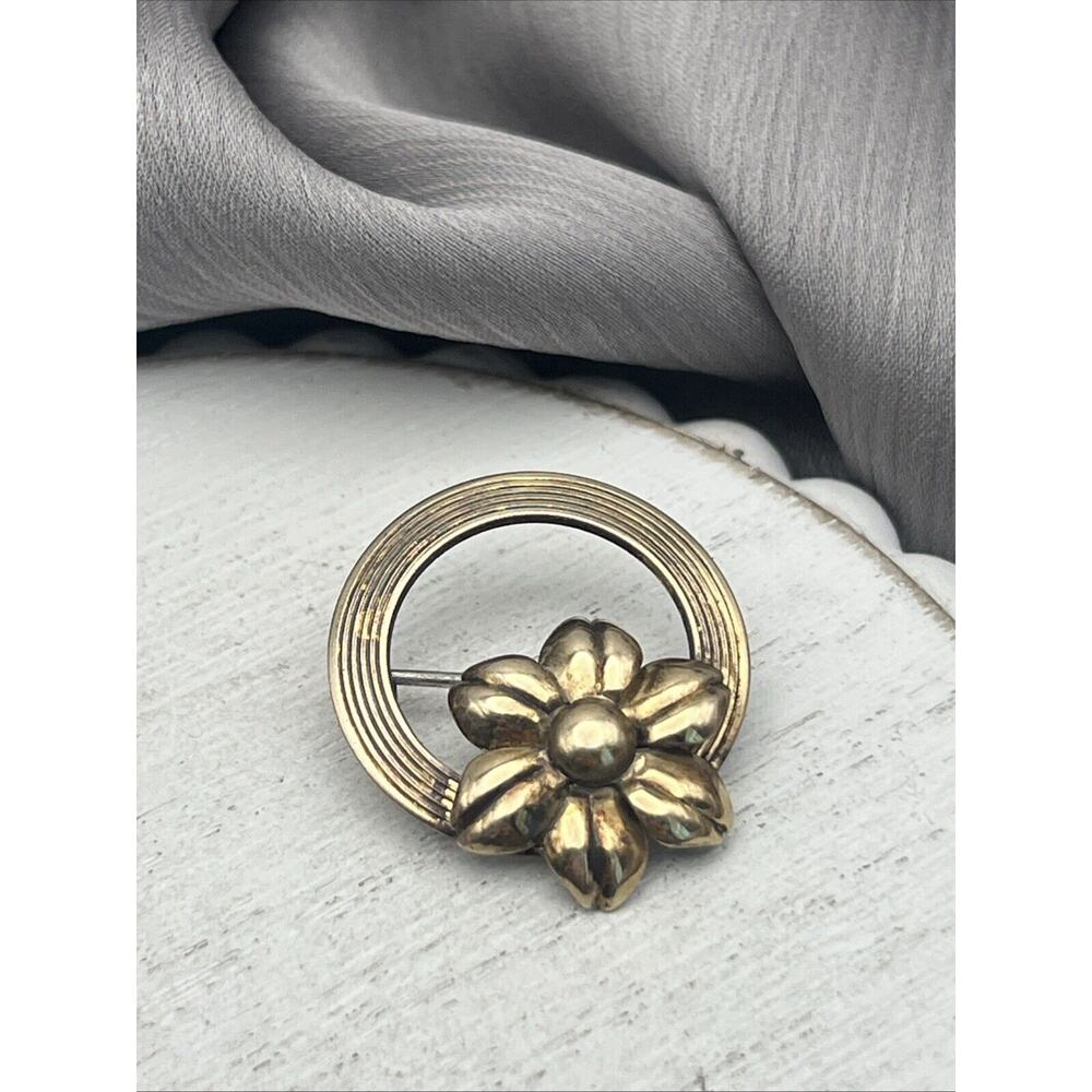 Antique SYMMETALIC STERLING + 14K Silver & Gold Flower FINE JEWELRY PIN